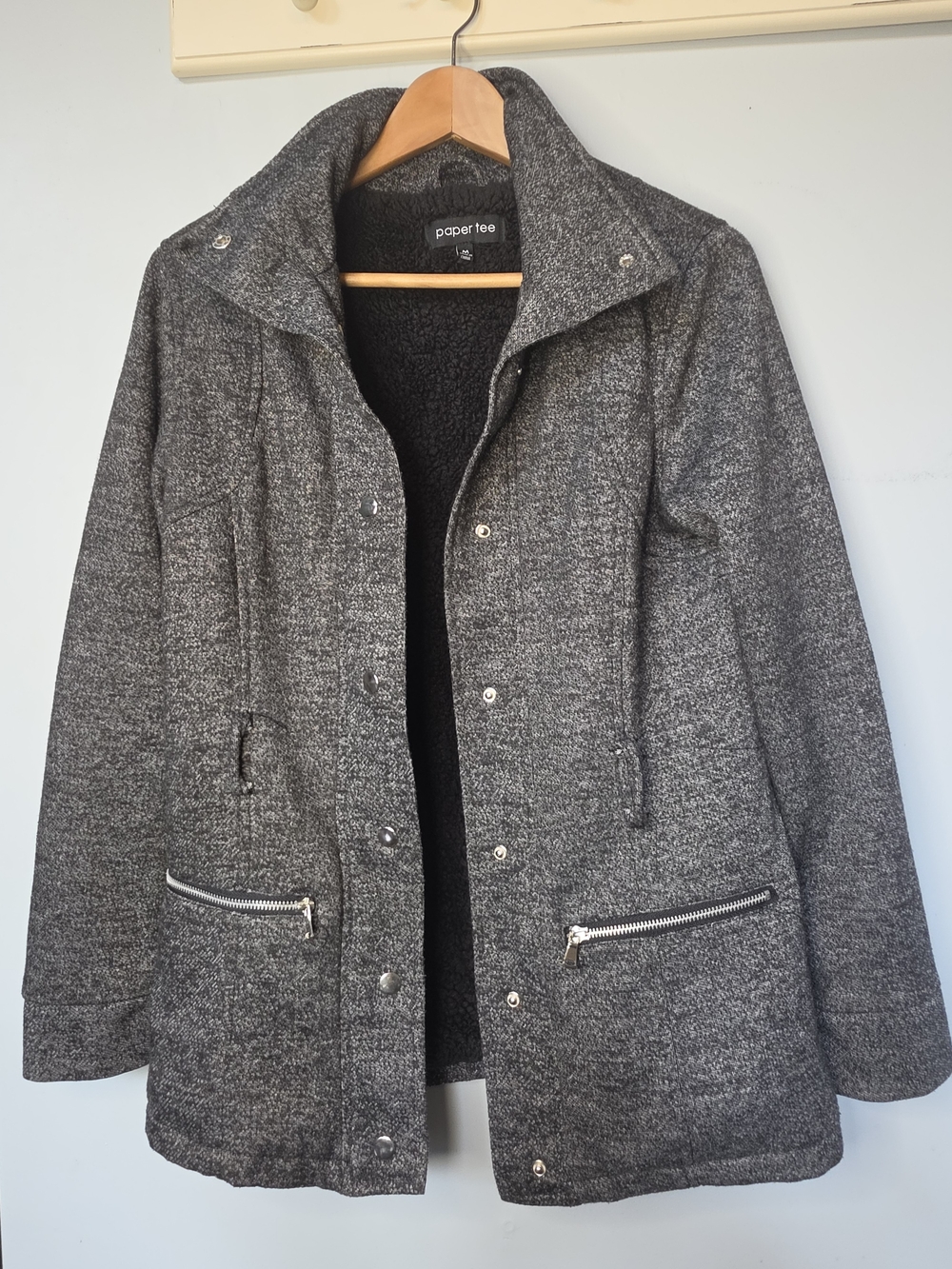 Paper Tee Gray Sherpa Fleece Lined Jacket Moto Zip Snap Utility Coat Med As-is